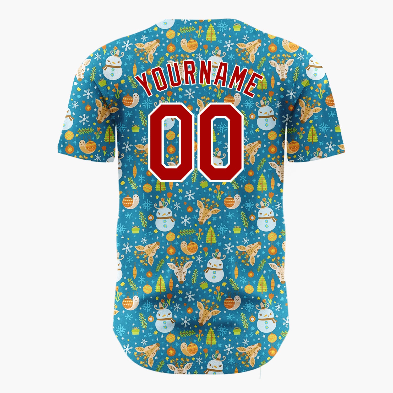 Custom Blue Orange Snowmen Reindeers And Ornaments Whimsical Winter Pattern Christmas Baseball Jersey