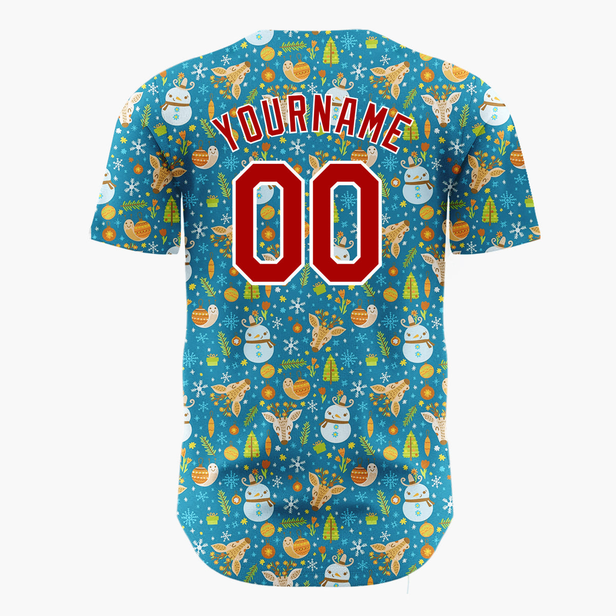 Custom Blue Orange Snowmen Reindeers And Ornaments Whimsical Winter Pattern Christmas Baseball Jersey