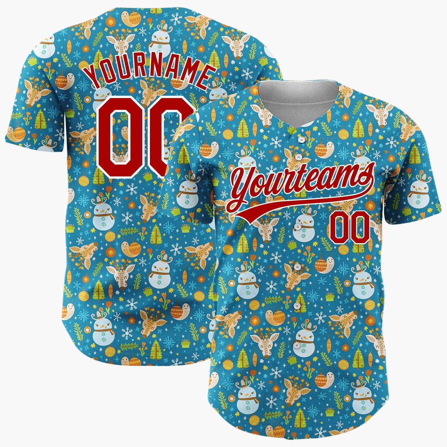 Custom Blue Orange Snowmen Reindeers And Ornaments Whimsical Winter Pattern Christmas Baseball Jersey