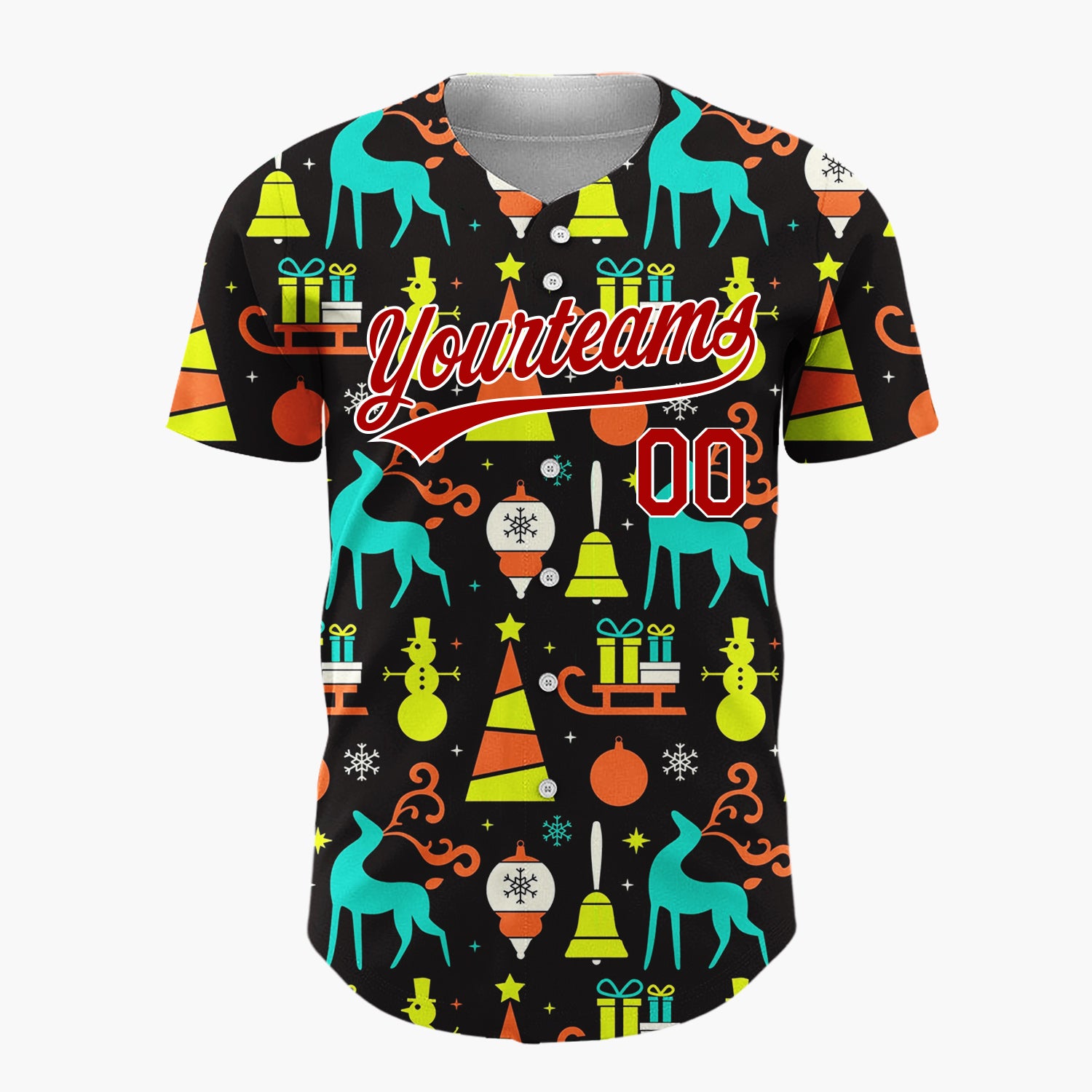 Custom Black Neon Reindeer Tree Geometric Christmas Baseball Jersey