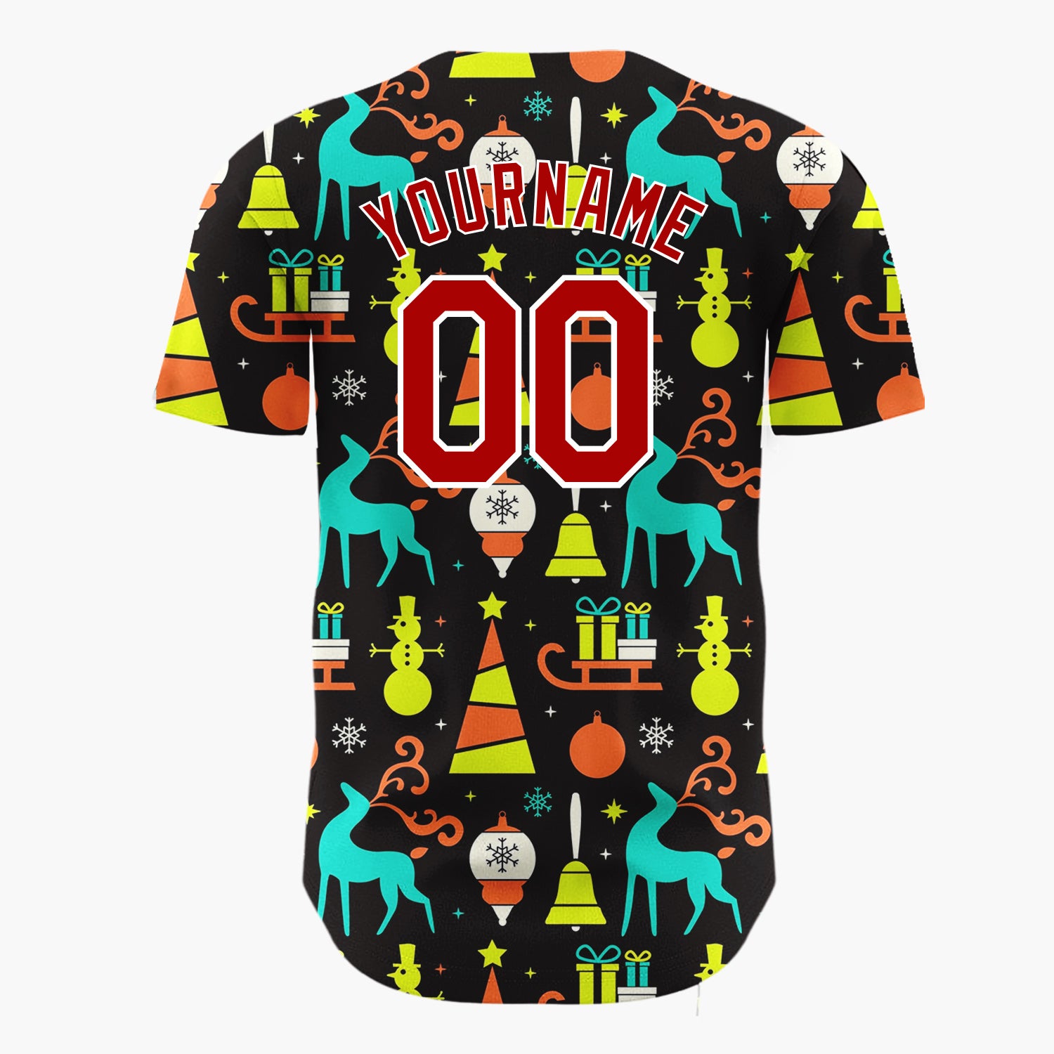 Custom Black Neon Reindeer Tree Geometric Christmas Baseball Jersey
