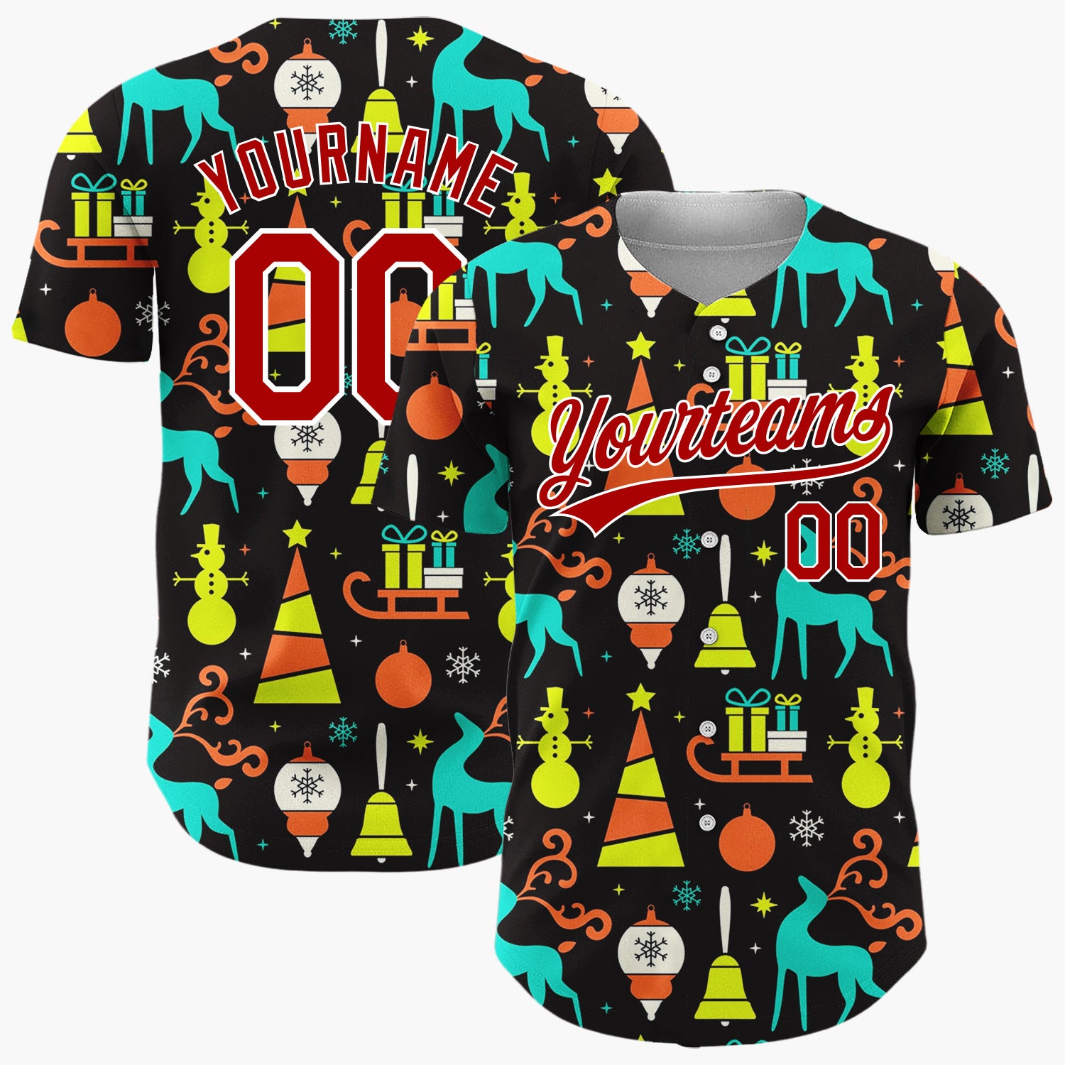 Custom Black Neon Reindeer Tree Geometric Christmas Baseball Jersey