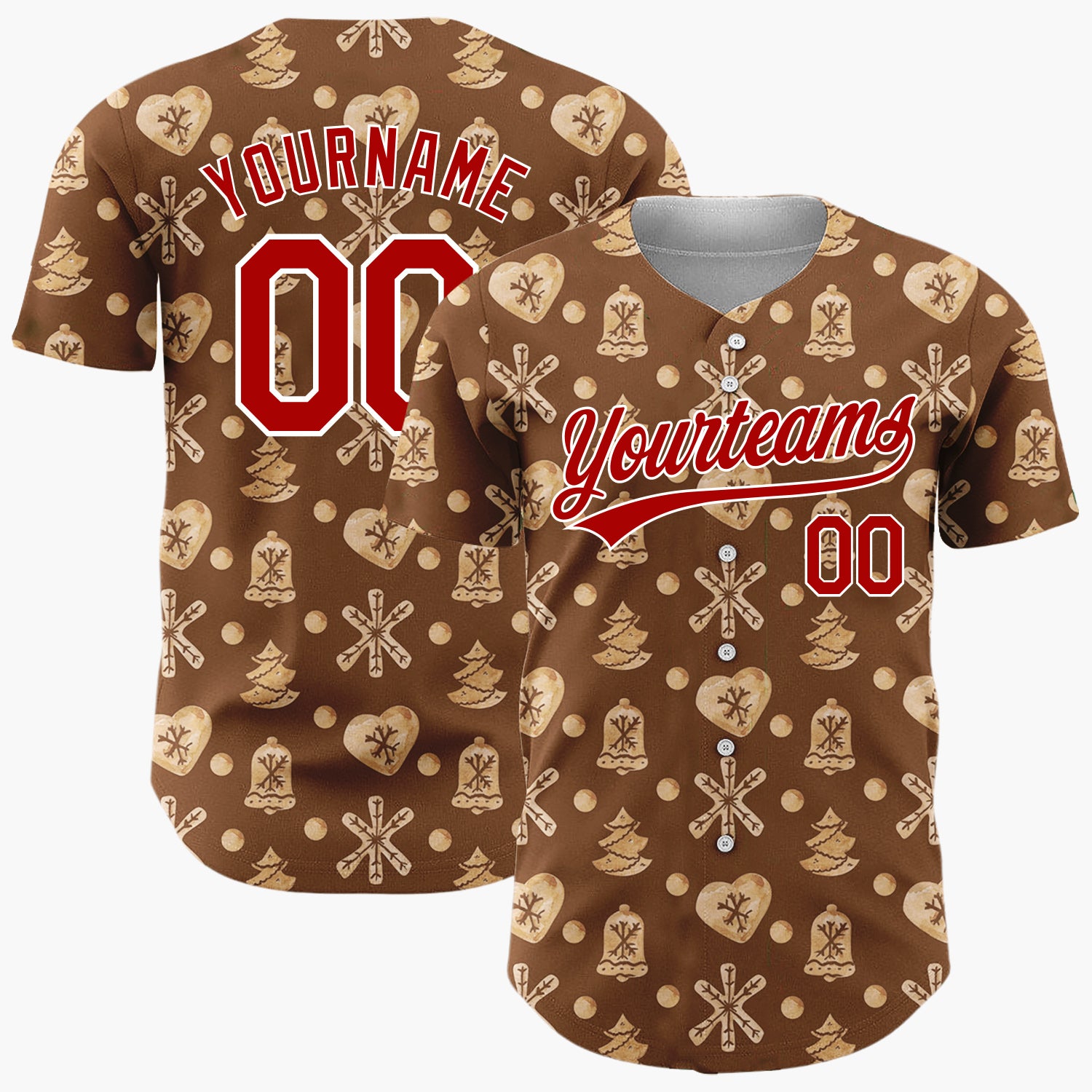 Custom Brown Gingerbread Cookie Watercolor Pattern Christmas Baseball Jersey