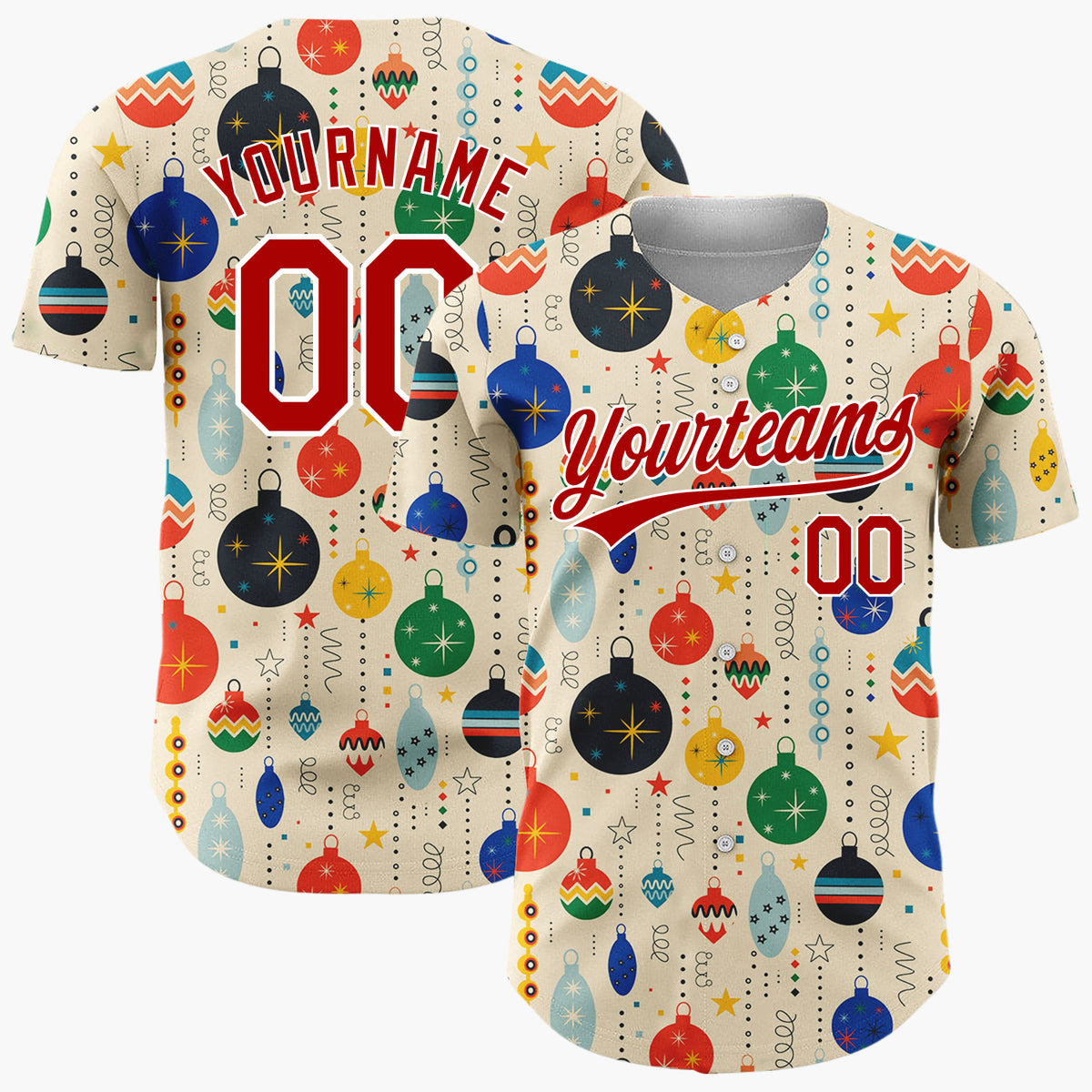 Custom Cream Retro Mid Century Christmas Ornament Pattern Christmas Baseball Jersey