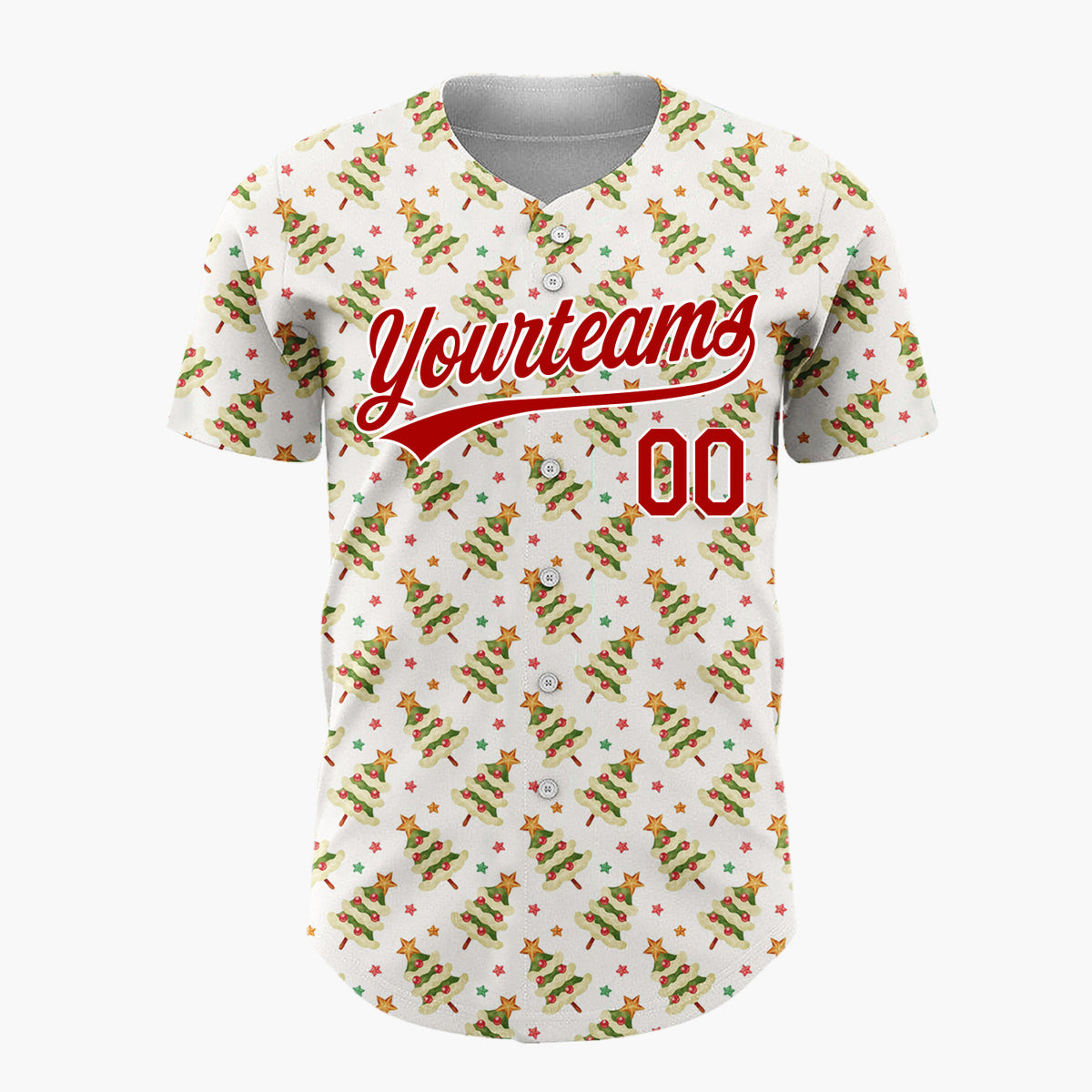 Custom Cream Green Red Tiny Diagonal Trees Simple Holiday Pattern Christmas Baseball Jersey