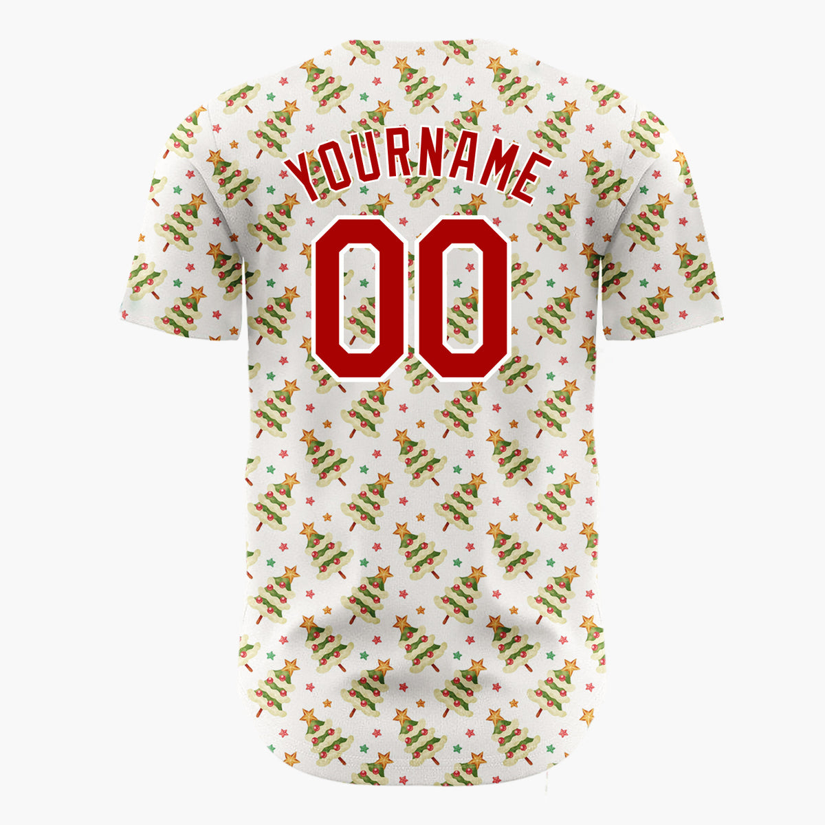 Custom Cream Green Red Tiny Diagonal Trees Simple Holiday Pattern Christmas Baseball Jersey