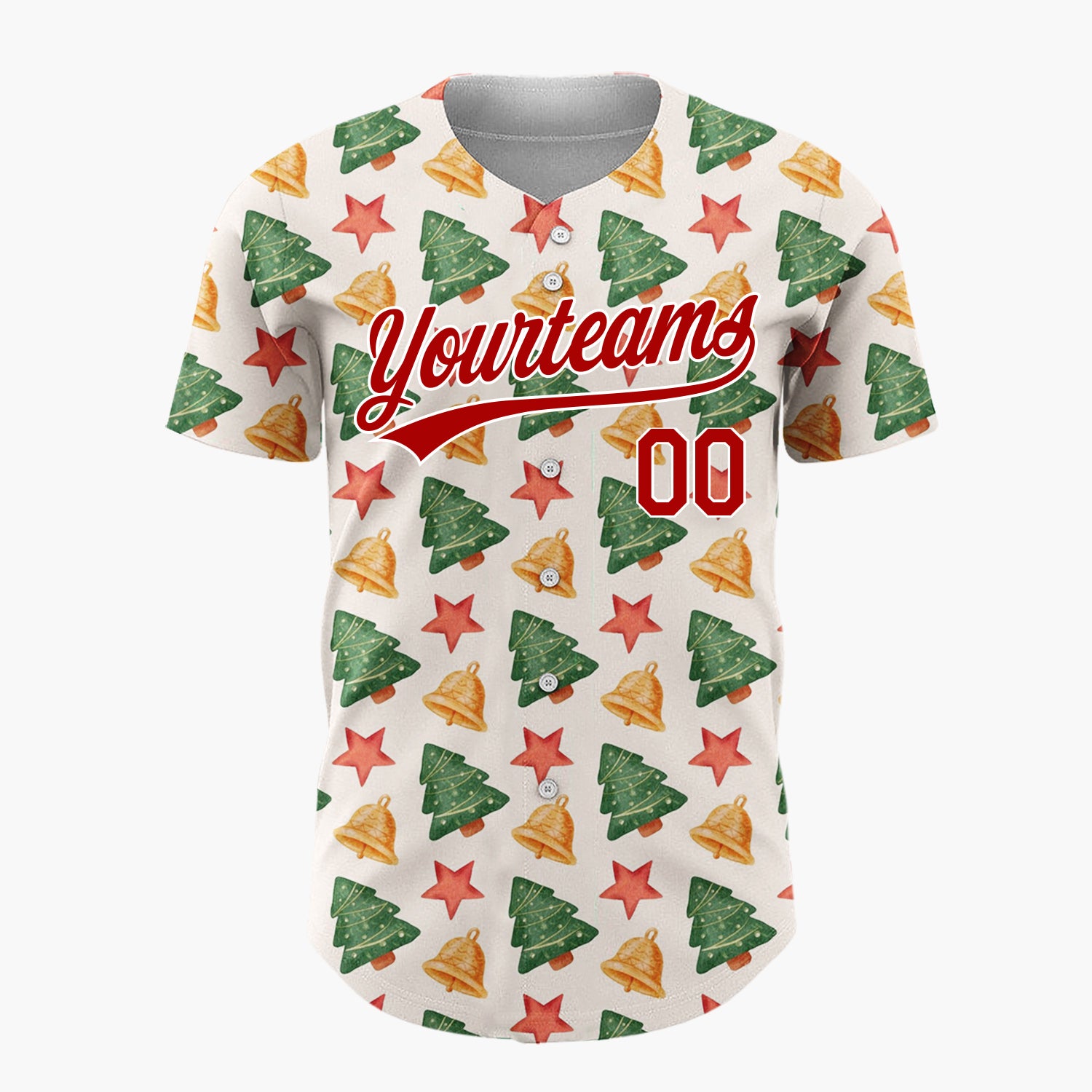 Custom Cream Green Red Simple Tree And Star Christmas Baseball Jersey