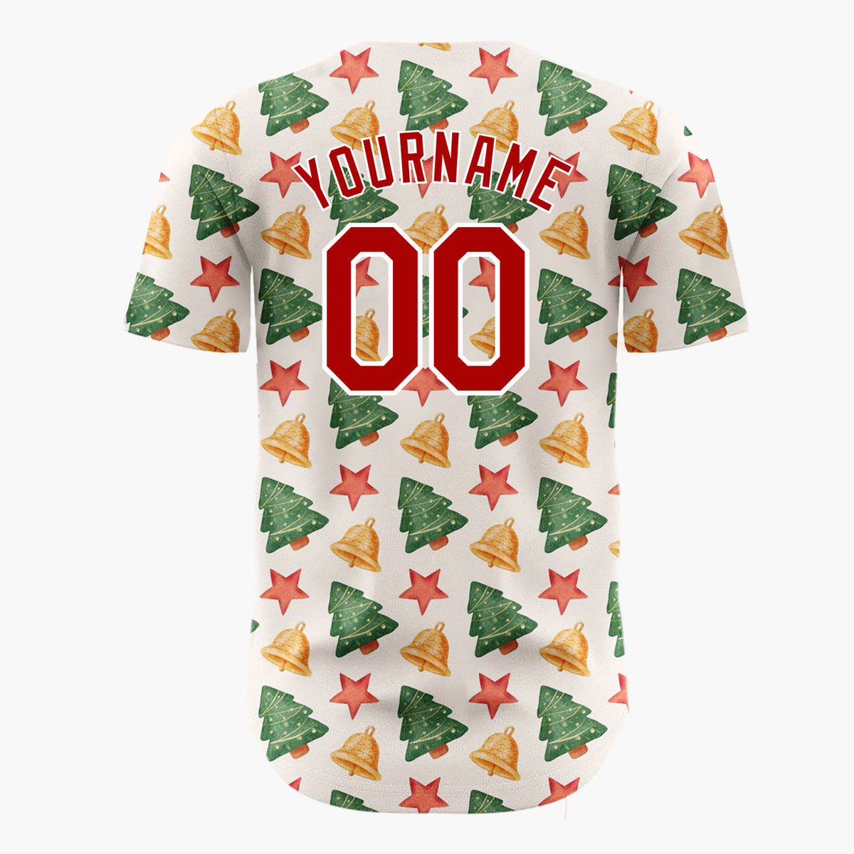 Custom Cream Green Red Simple Tree And Star Christmas Baseball Jersey