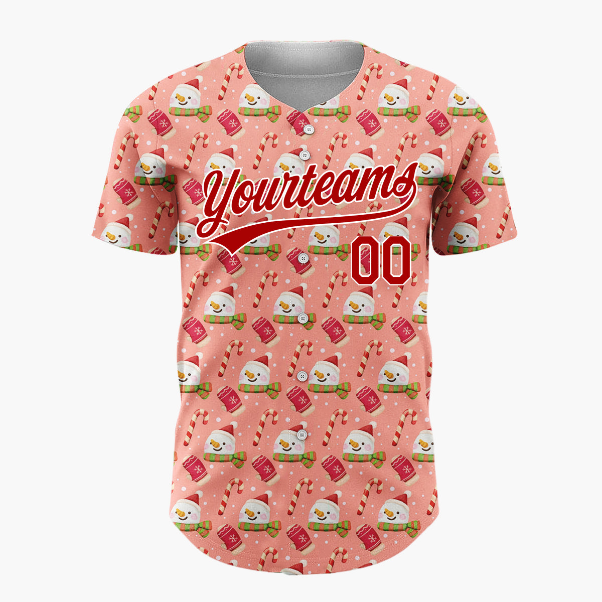 Custom Coral Red White Green Snowmen Hats And Candy Canes Cozy Christmas Baseball Jersey
