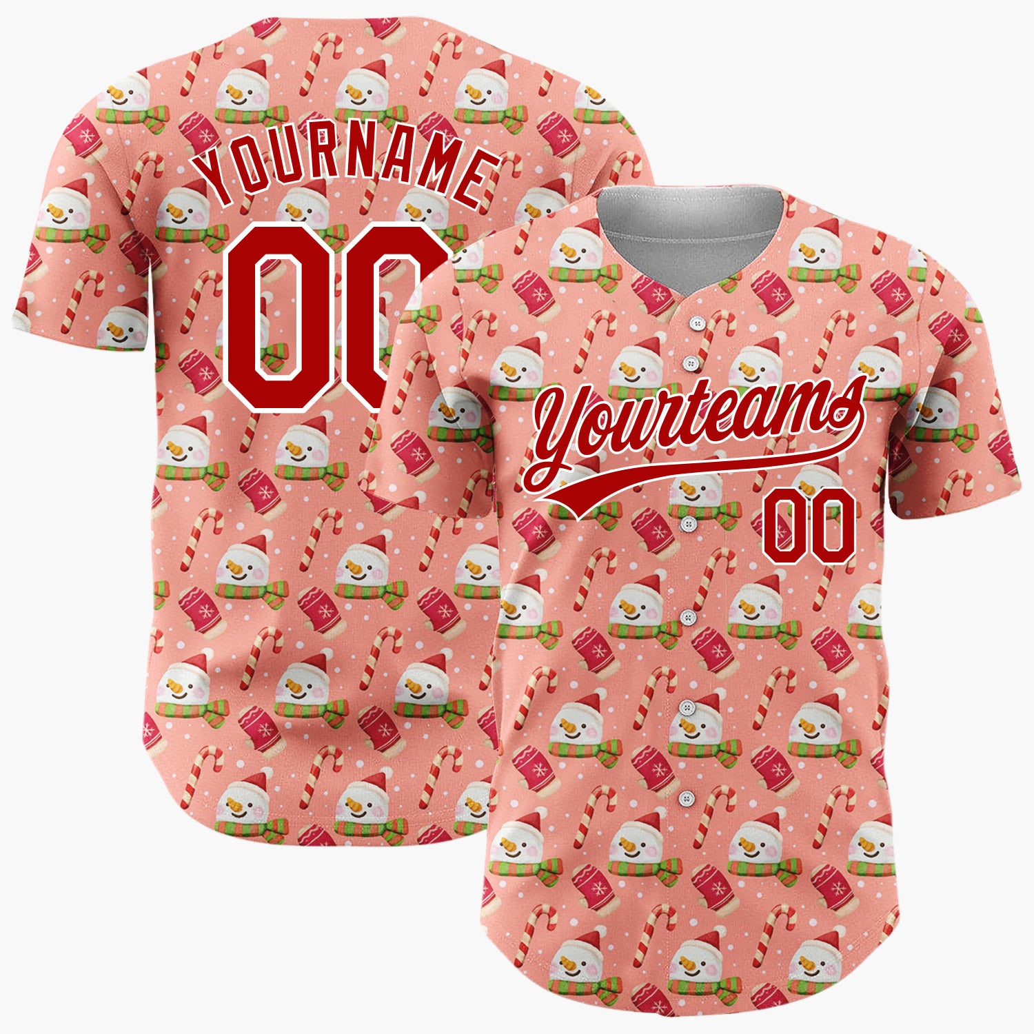 Custom Coral Red White Green Snowmen Hats And Candy Canes Cozy Christmas Baseball Jersey