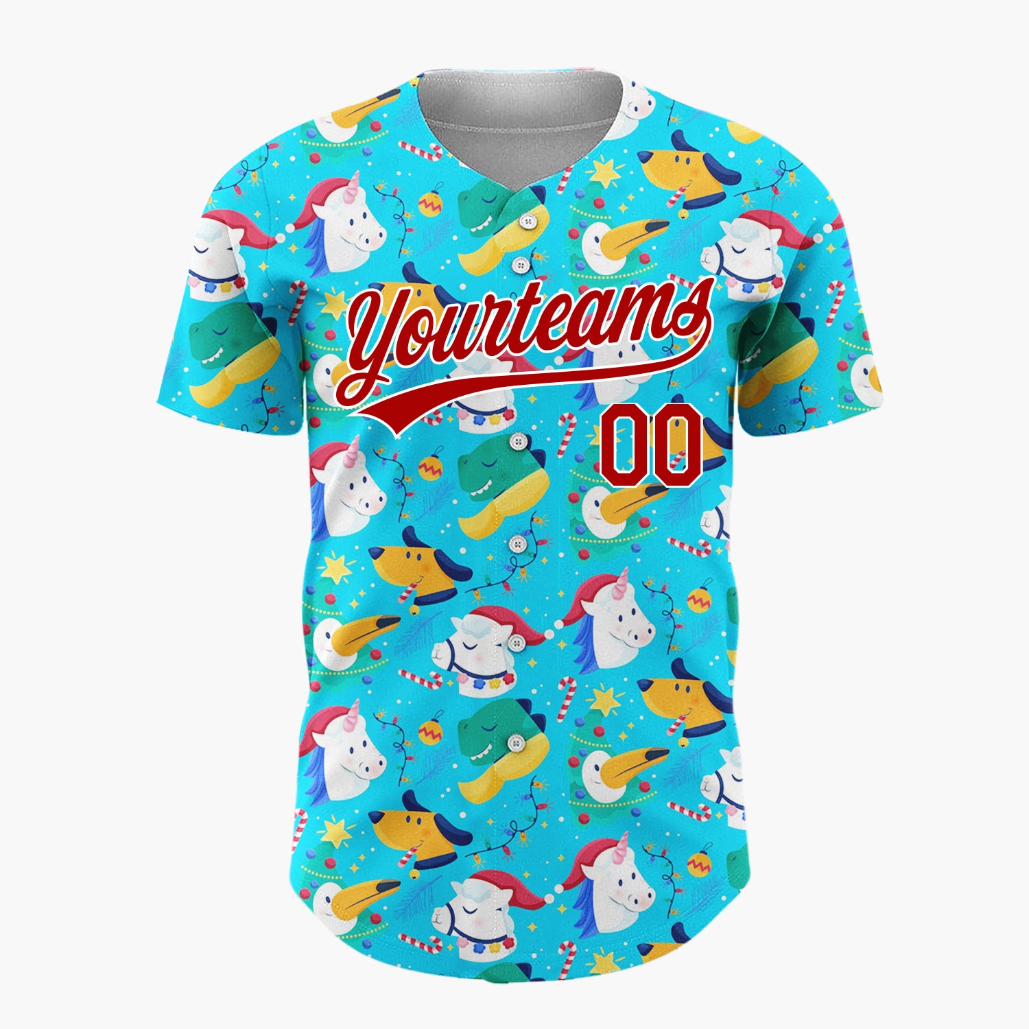 Custom Blue Green Unicorns Dogs And Birds Fun Christmas Baseball Jersey