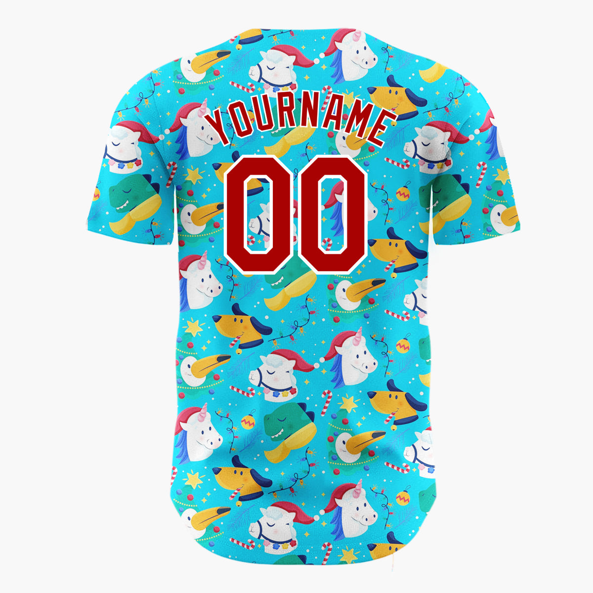 Custom Blue Green Unicorns Dogs And Birds Fun Christmas Baseball Jersey