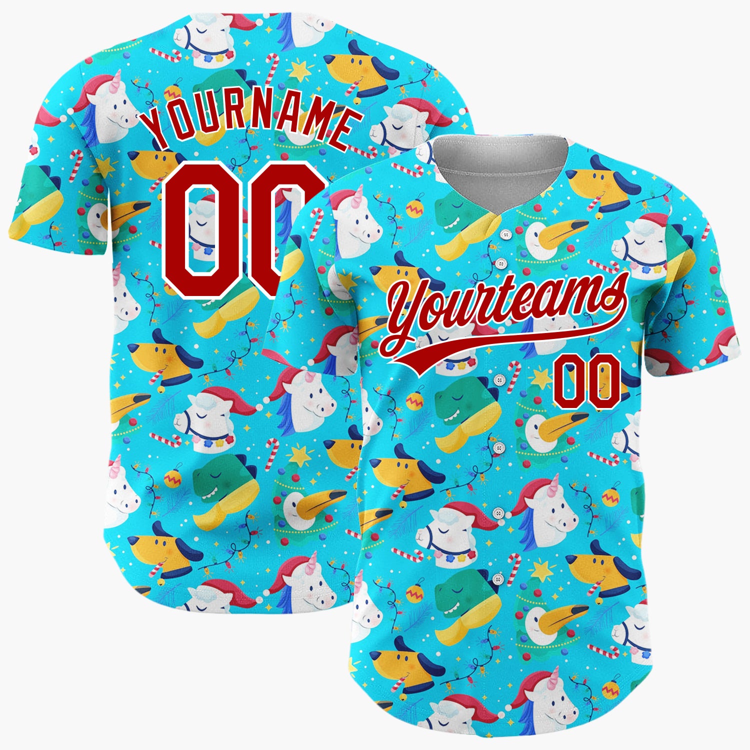 Custom Blue Green Unicorns Dogs And Birds Fun Christmas Baseball Jersey