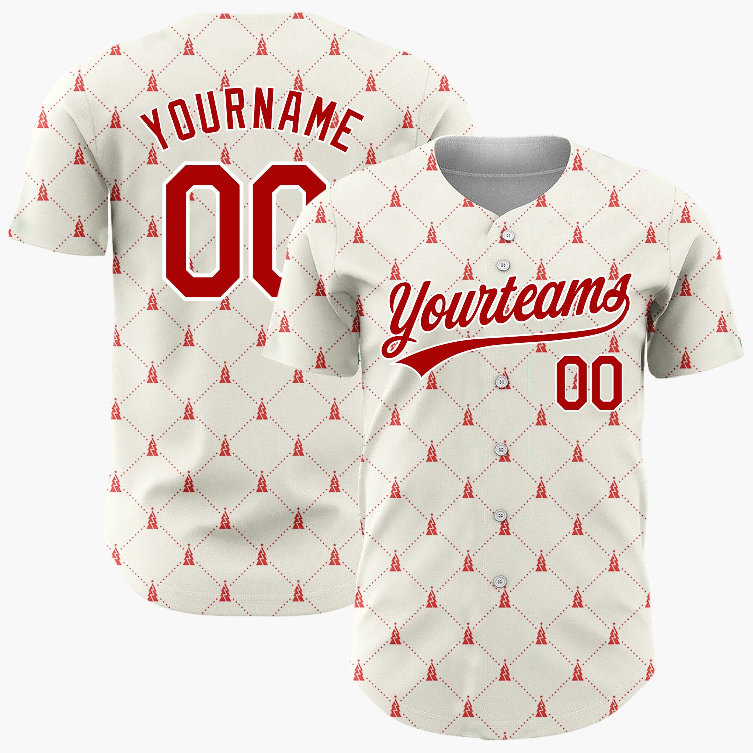 Custom Cream Red Tiny Tree Diamonds Minimalist Geometric Pattern Christmas Baseball Jersey