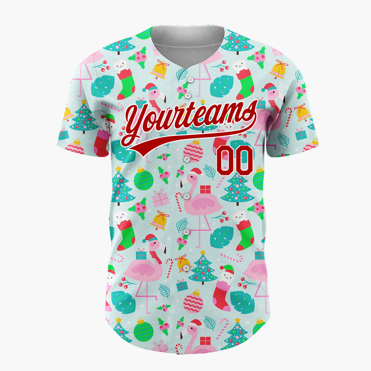 Custom Blue Pink Flamingos Christmas Icons Cheerful Pattern Christmas Baseball Jersey