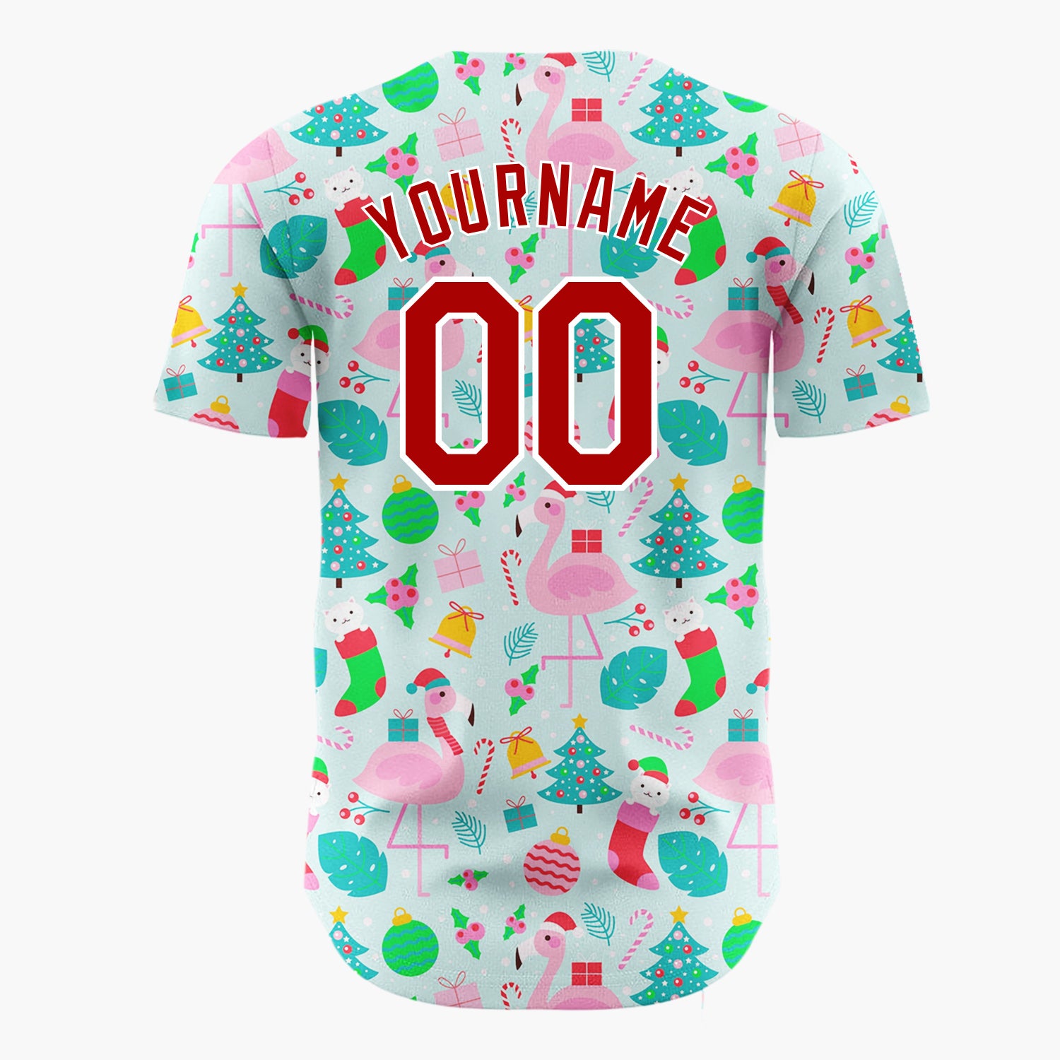 Custom Blue Pink Flamingos Christmas Icons Cheerful Pattern Christmas Baseball Jersey