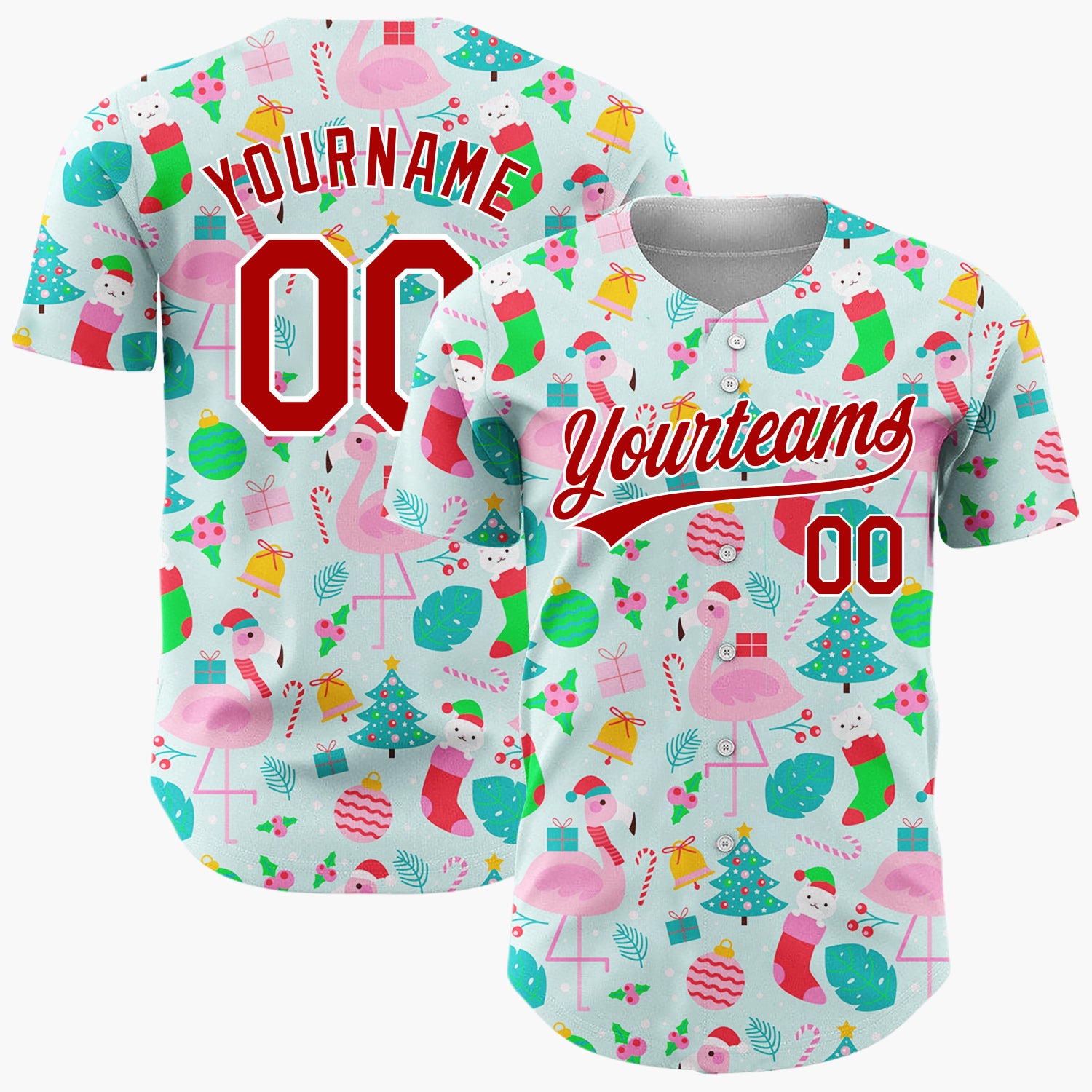 Custom Blue Pink Flamingos Christmas Icons Cheerful Pattern Christmas Baseball Jersey