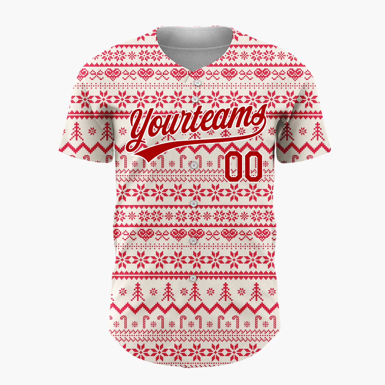 Custom Cream Red Snowflakes Trees And Candy Canes Nordic Fair Isle Christmas Baseball Jersey