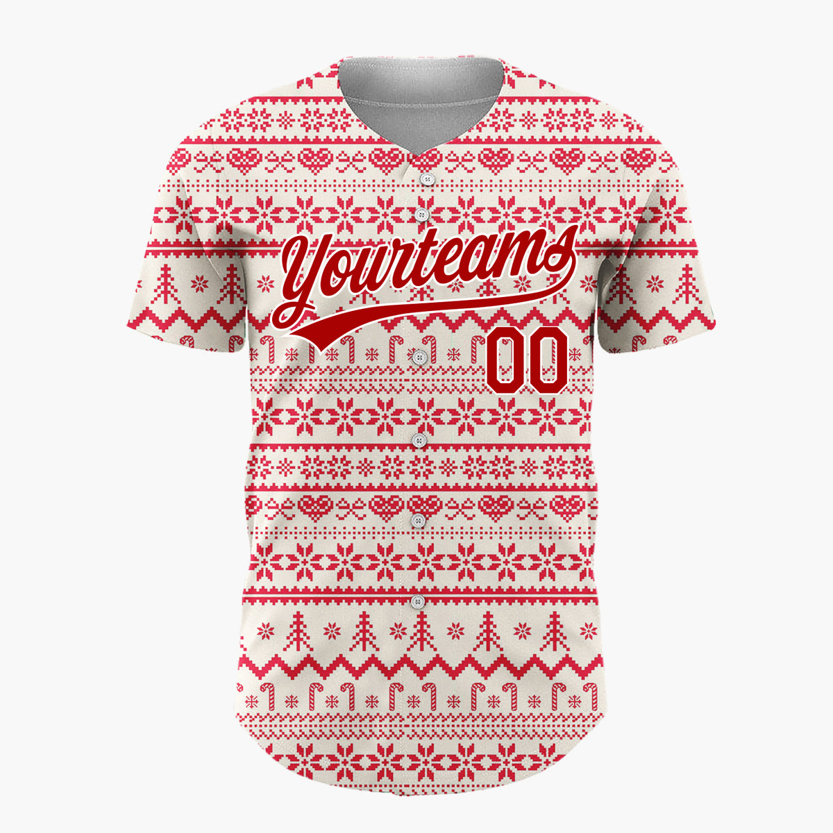 Custom Cream Red Snowflakes Trees And Candy Canes Nordic Fair Isle Christmas Baseball Jersey