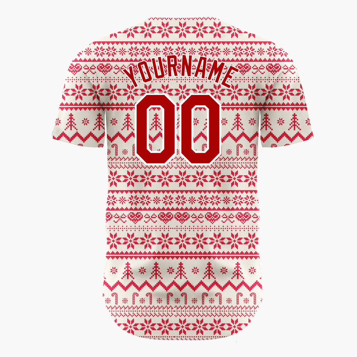 Custom Cream Red Snowflakes Trees And Candy Canes Nordic Fair Isle Christmas Baseball Jersey