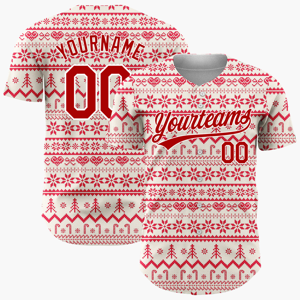 Custom Cream Red Snowflakes Trees And Candy Canes Nordic Fair Isle Christmas Baseball Jersey