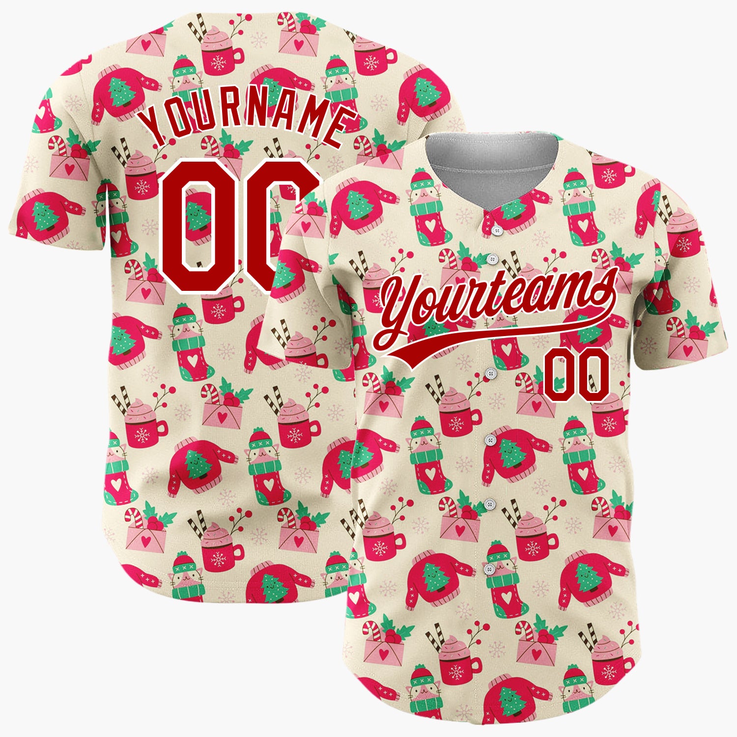 Custom Cream Pink Red Cute Cozy Items Christmas Baseball Jersey