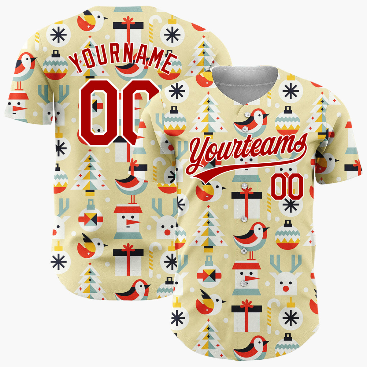 Custom Cream Minimalist Santa Reindeer And Bird Geometric Christmas Baseball Jersey