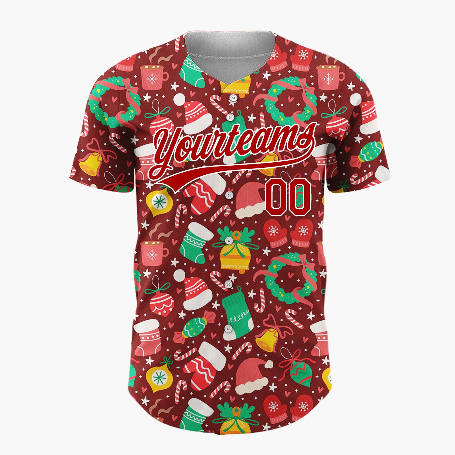 Custom Burgundy Mittens Hats Gifts And Candy Canes Festive Christmas Baseball Jersey
