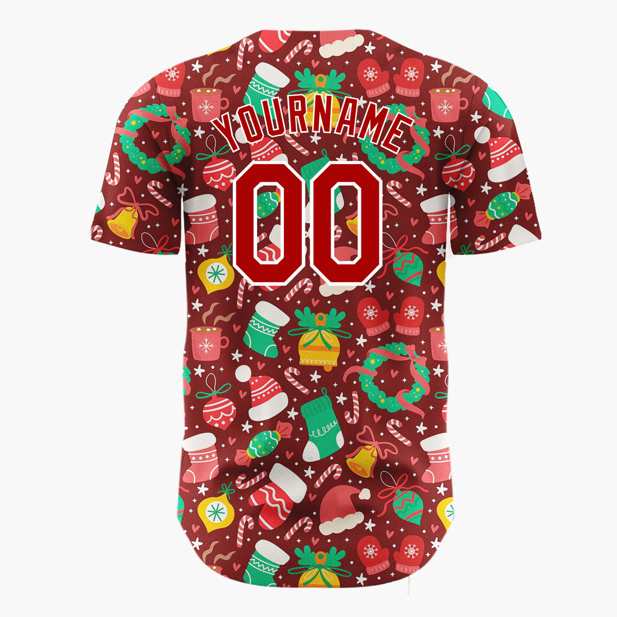 Custom Burgundy Mittens Hats Gifts And Candy Canes Festive Christmas Baseball Jersey