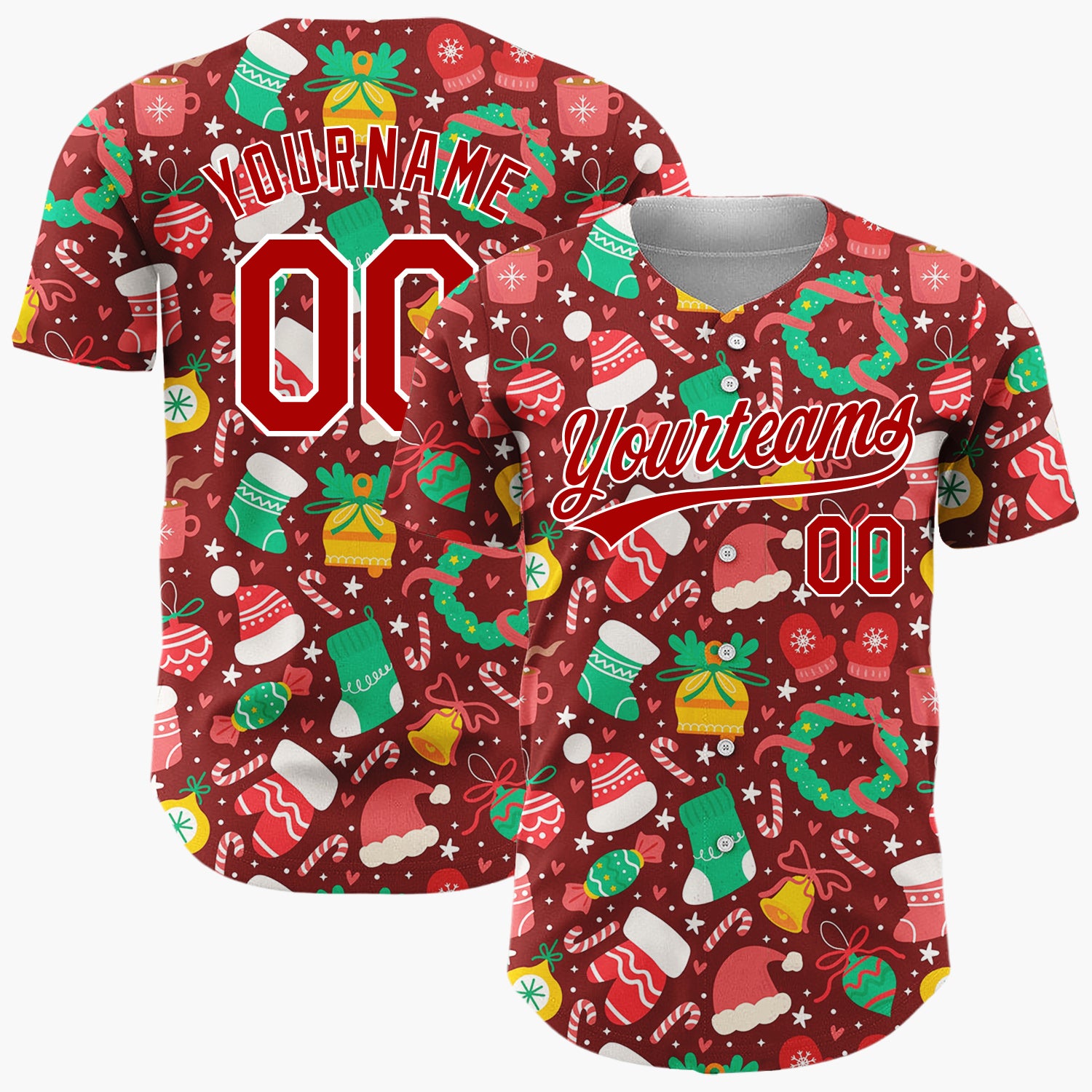 Custom Burgundy Mittens Hats Gifts And Candy Canes Festive Christmas Baseball Jersey