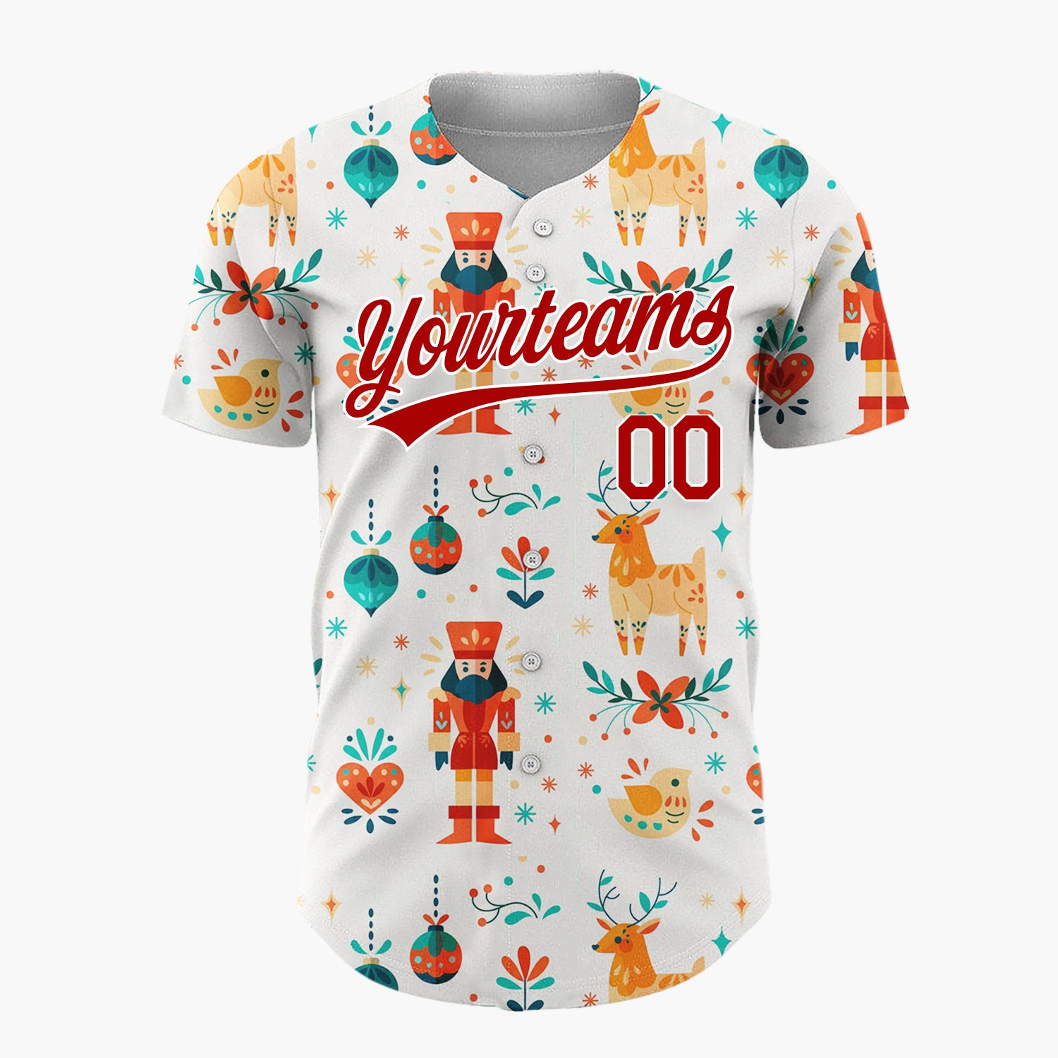 Custom Cream Orange Nutcracker Reindeer Folk Art Pattern Christmas Baseball Jersey