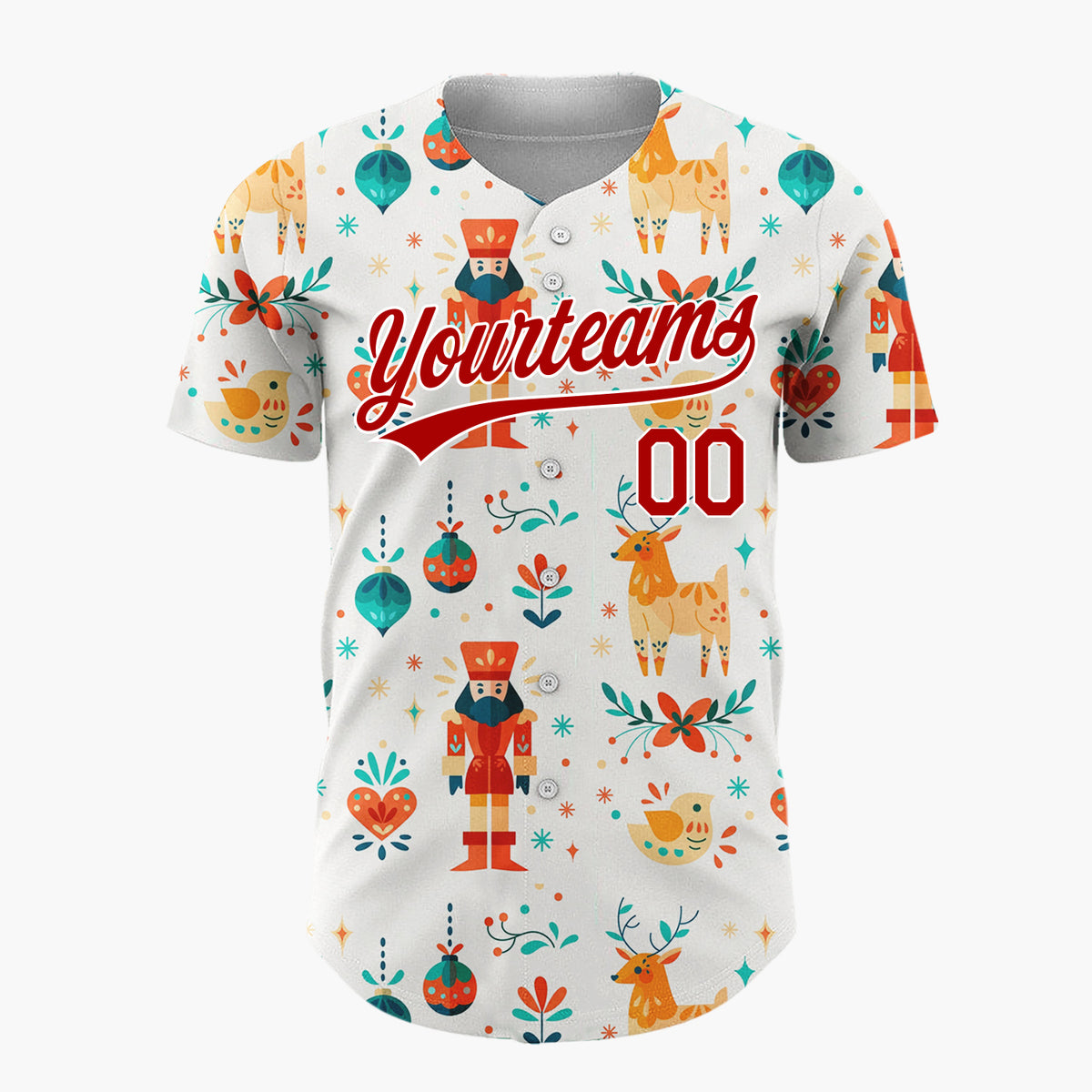 Custom Cream Orange Nutcracker Reindeer Folk Art Pattern Christmas Baseball Jersey