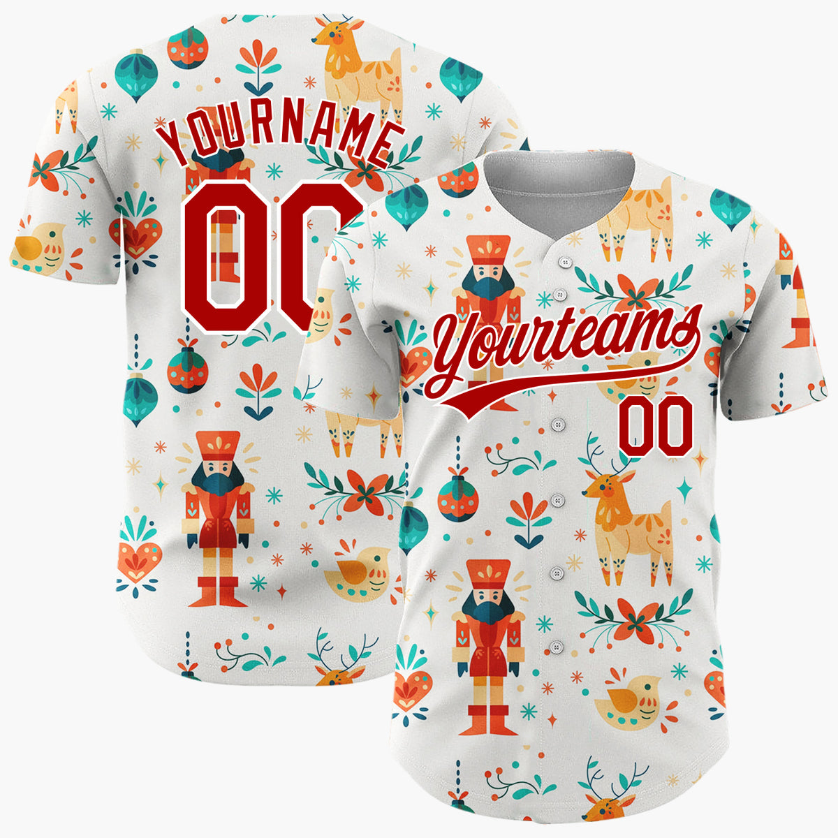 Custom Cream Orange Nutcracker Reindeer Folk Art Pattern Christmas Baseball Jersey