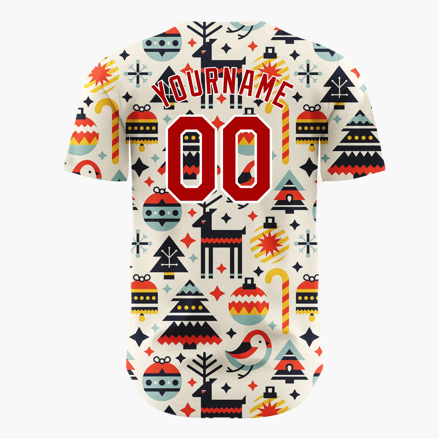 Custom Cream Reindeer Bird And Baubles Geometric Christmas Baseball Jersey