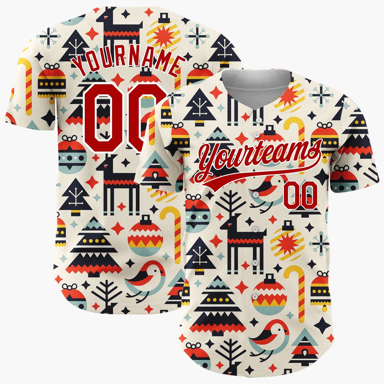Custom Cream Reindeer Bird And Baubles Geometric Christmas Baseball Jersey