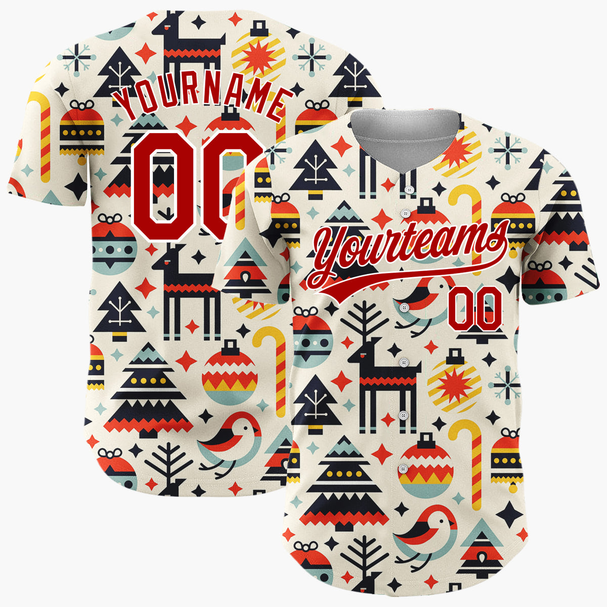 Custom Cream Reindeer Bird And Baubles Geometric Christmas Baseball Jersey