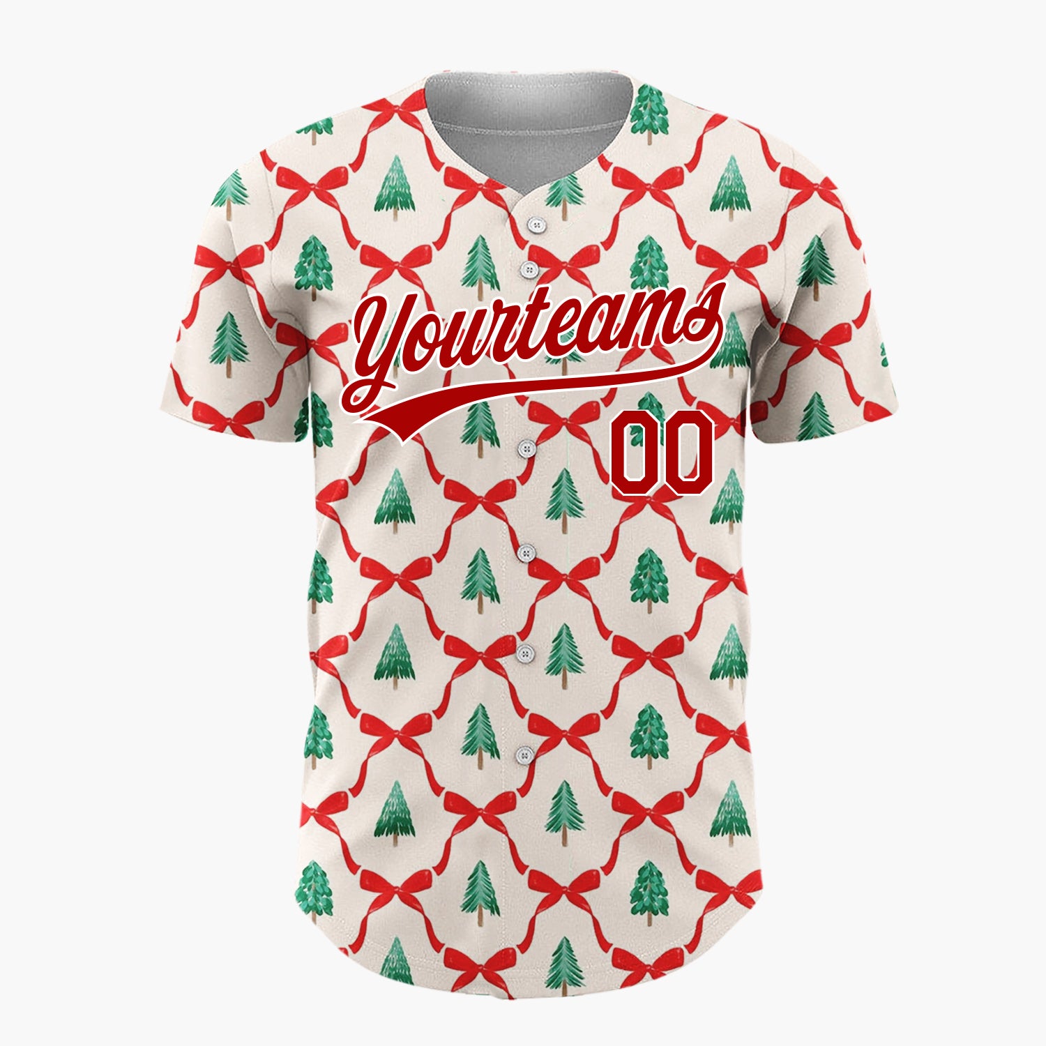 Custom Cream Trellis Ribbons Evergreen Trees Traditional Christmas Baseball Jersey