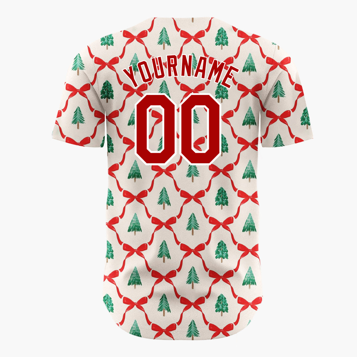 Custom Cream Trellis Ribbons Evergreen Trees Traditional Christmas Baseball Jersey
