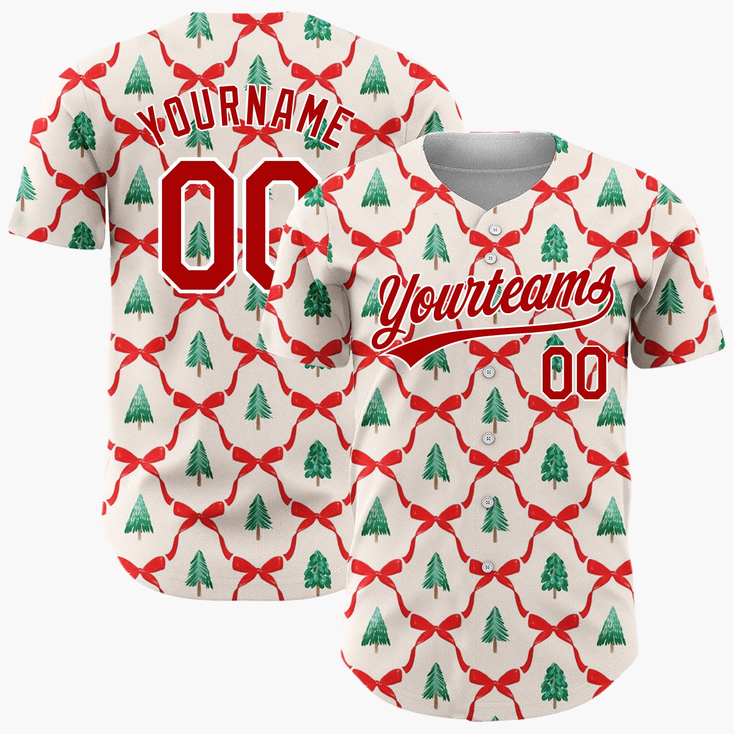 Custom Cream Trellis Ribbons Evergreen Trees Traditional Christmas Baseball Jersey