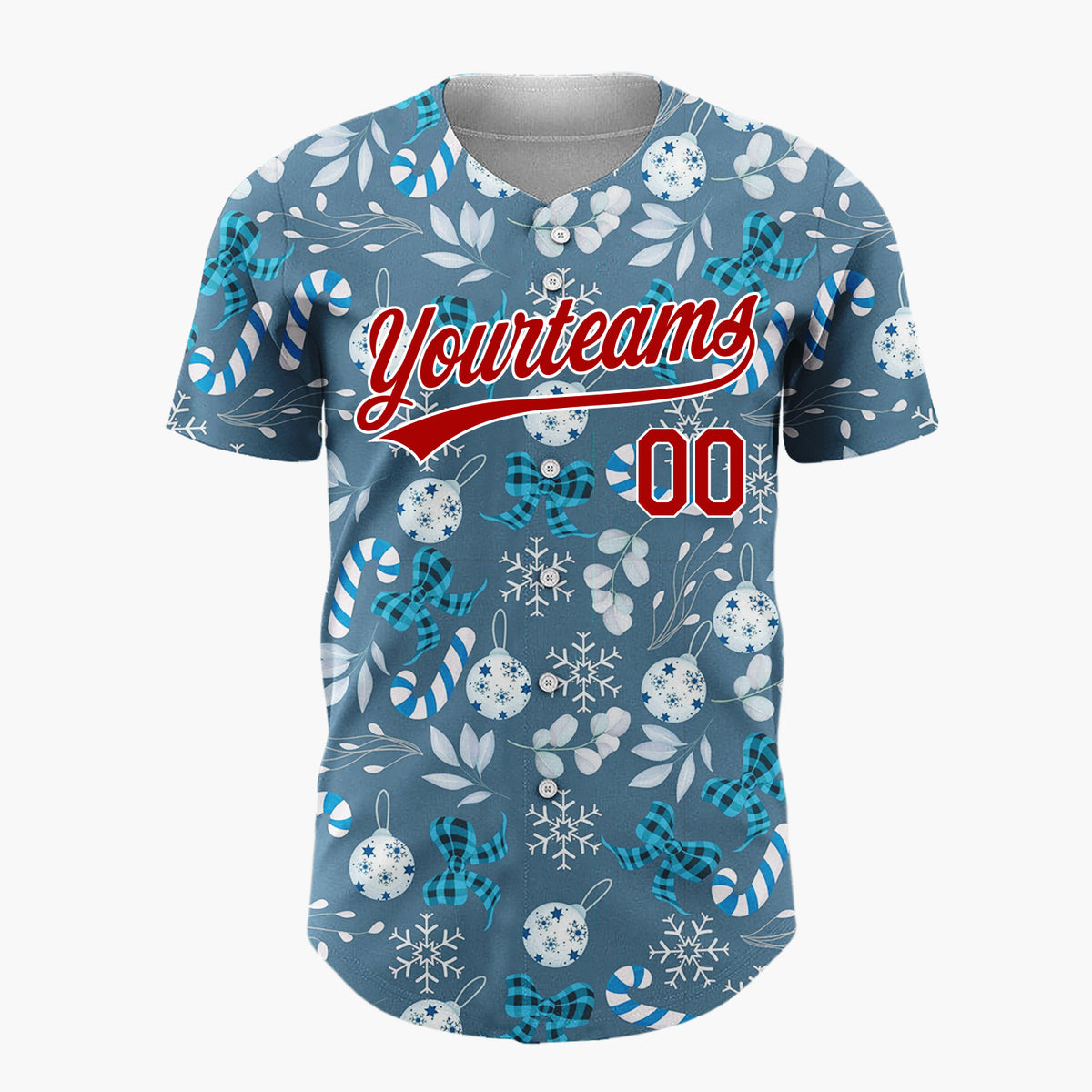 Custom Blue Silver Snowflakes Candy Canes And Bows Winter Holiday Pattern Christmas Baseball Jersey