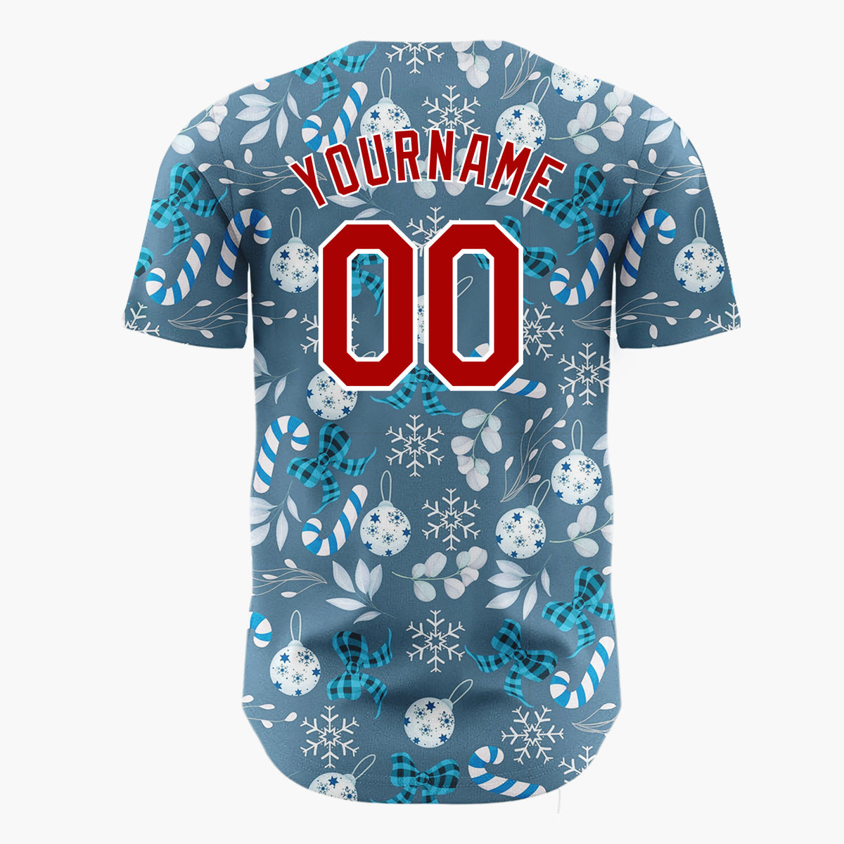 Custom Blue Silver Snowflakes Candy Canes And Bows Winter Holiday Pattern Christmas Baseball Jersey