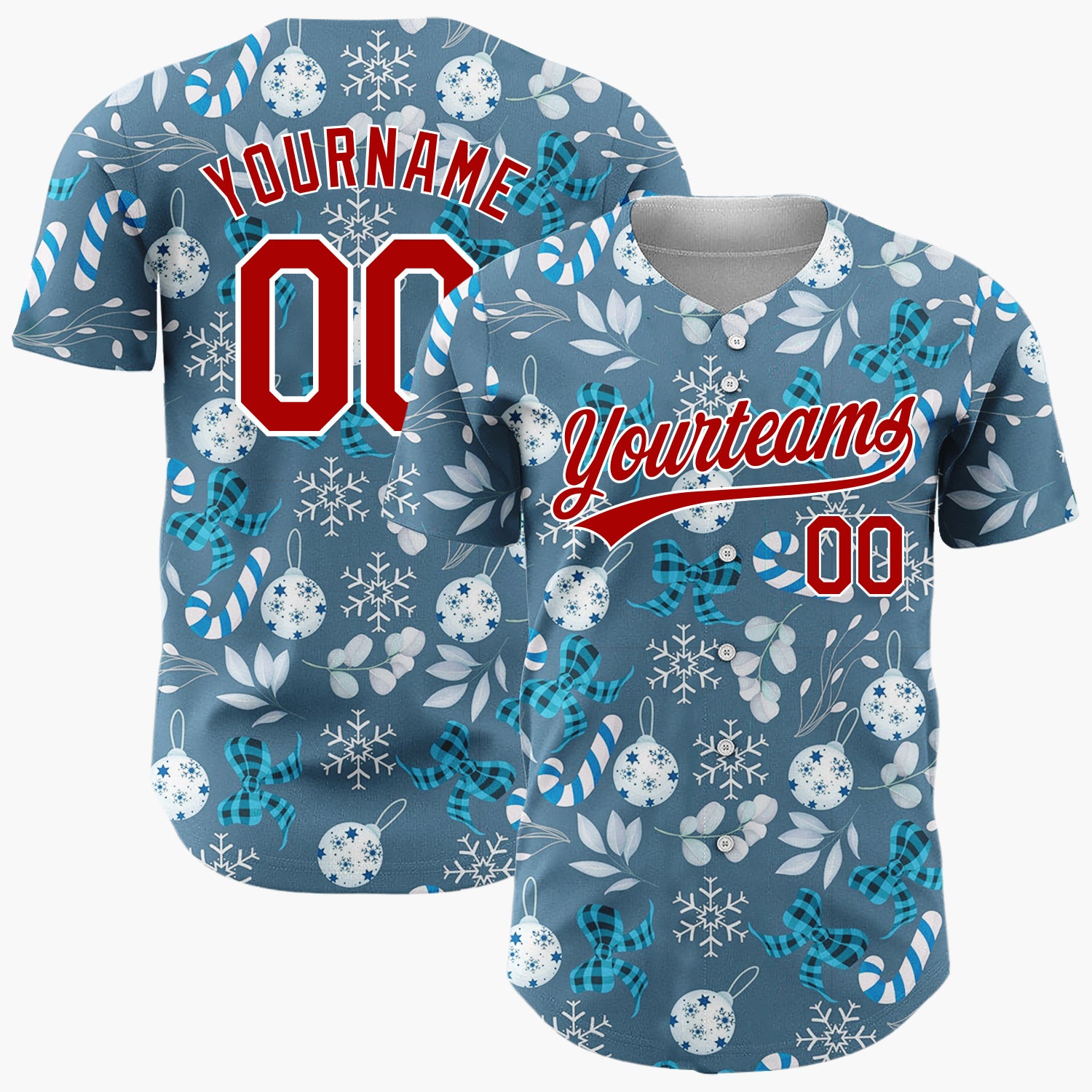 Custom Blue Silver Snowflakes Candy Canes And Bows Winter Holiday Pattern Christmas Baseball Jersey