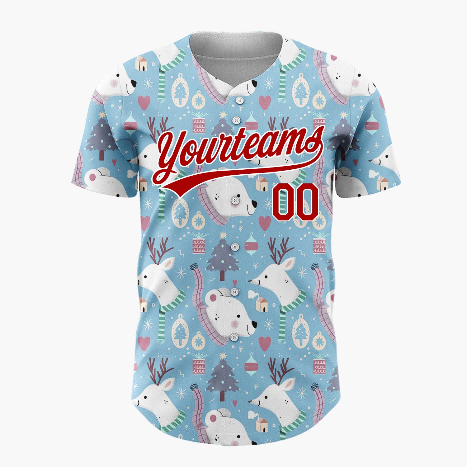 Custom Blue Reindeer Polar Bears Cute Winter Pattern Christmas Baseball Jersey