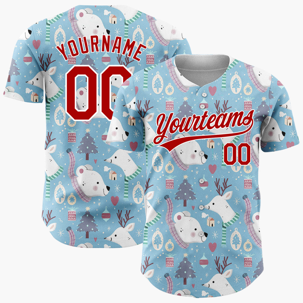 Custom Blue Reindeer Polar Bears Cute Winter Pattern Christmas Baseball Jersey