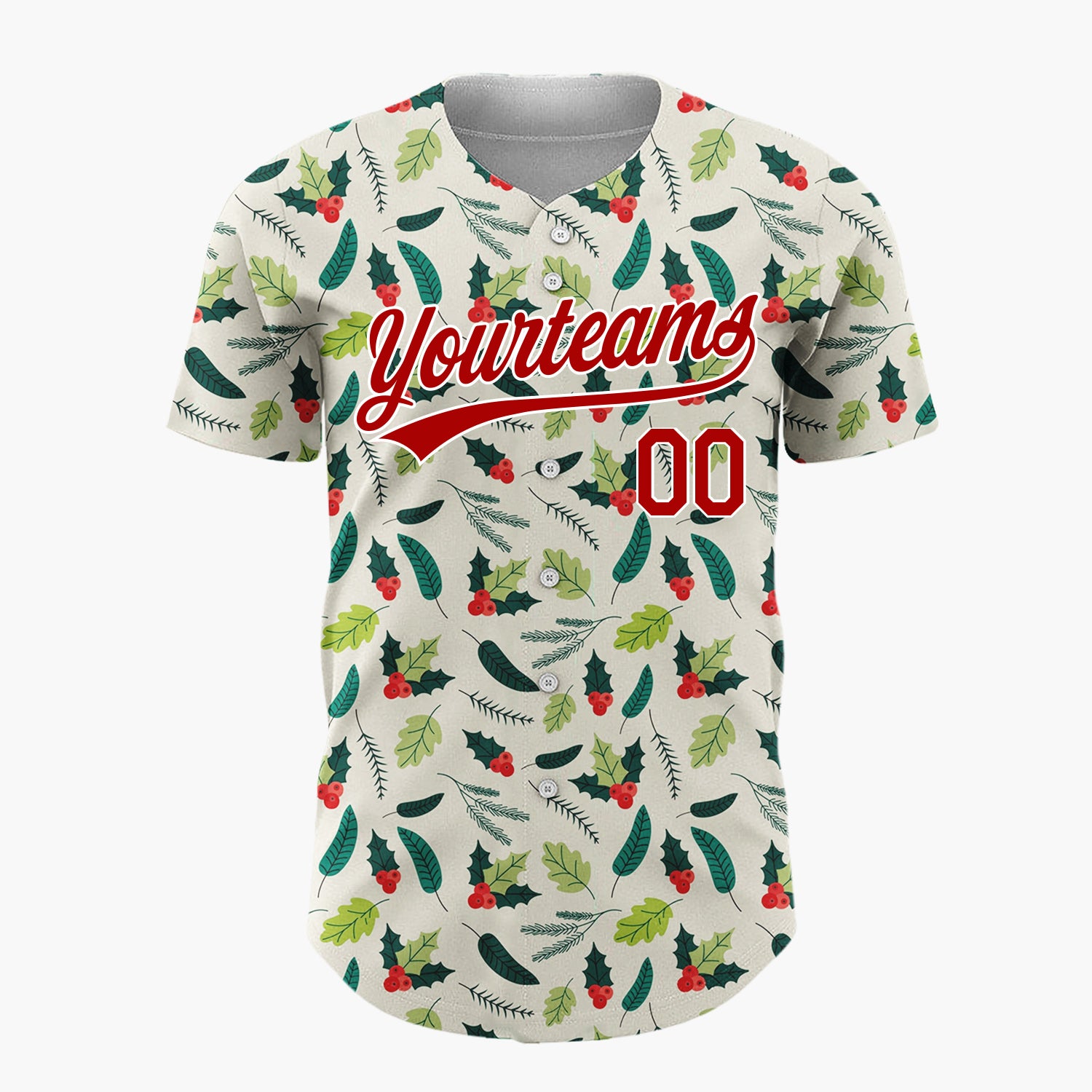 Custom Cream Green Holly Leaves And Berries Minimal Christmas Baseball Jersey