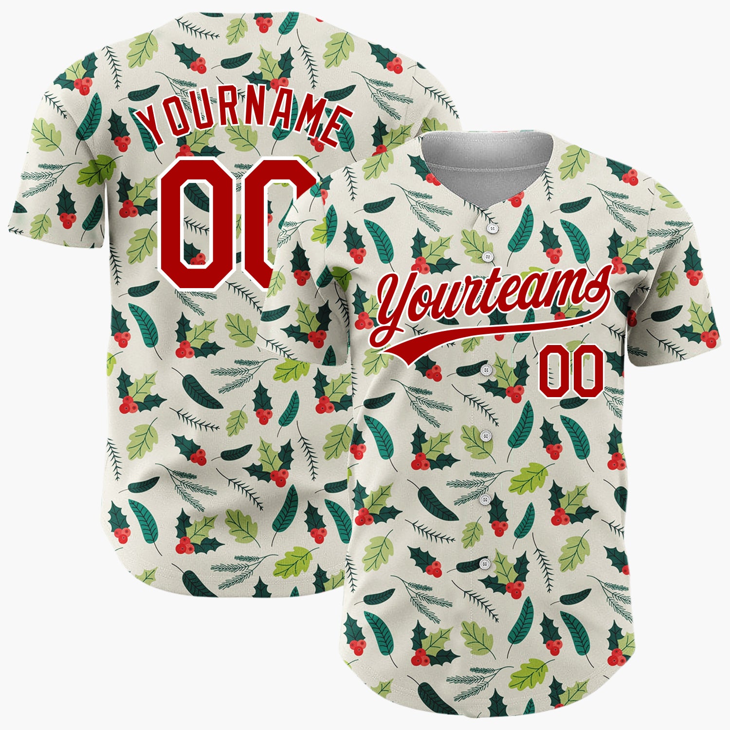 Custom Cream Green Holly Leaves And Berries Minimal Christmas Baseball Jersey