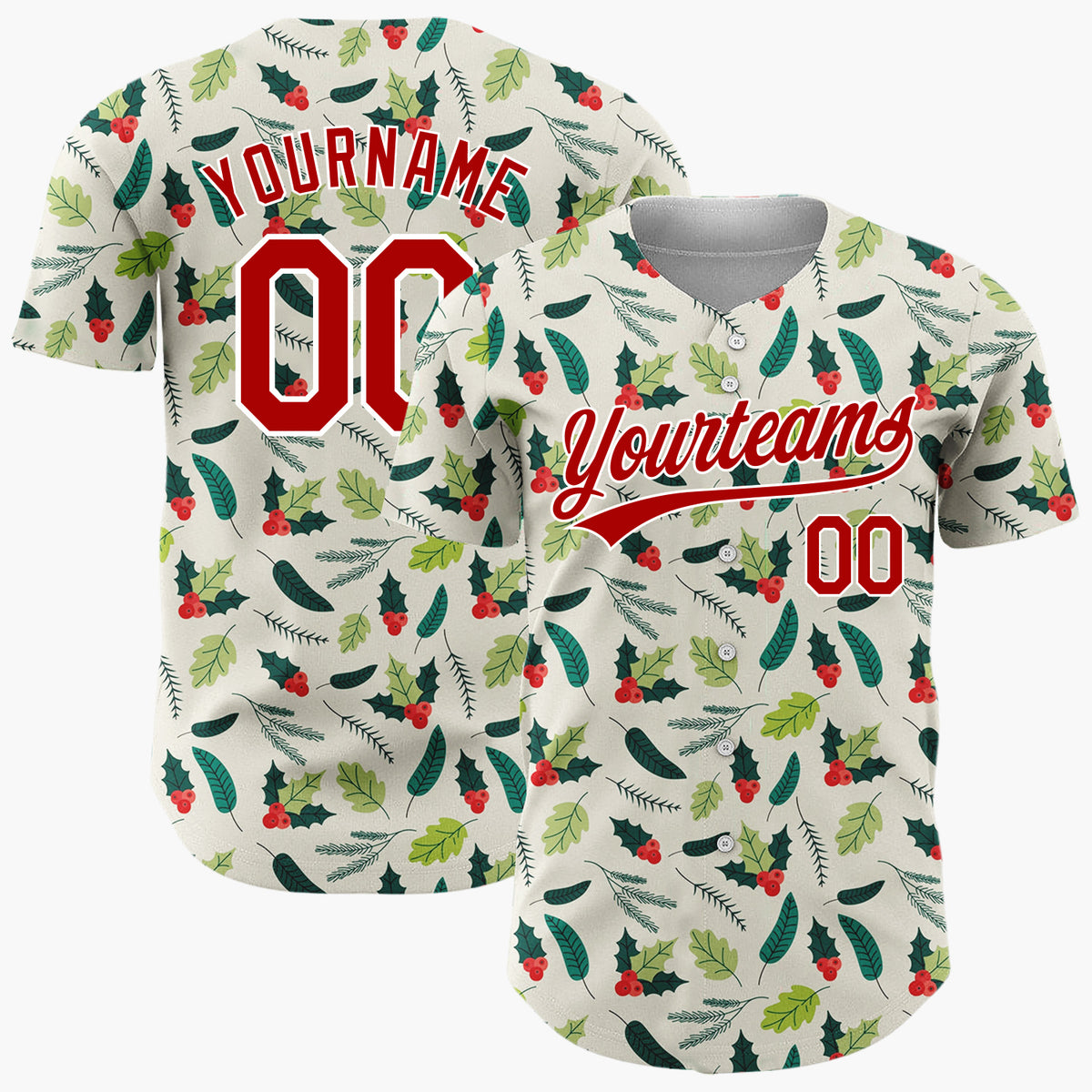 Custom Cream Green Holly Leaves And Berries Minimal Christmas Baseball Jersey