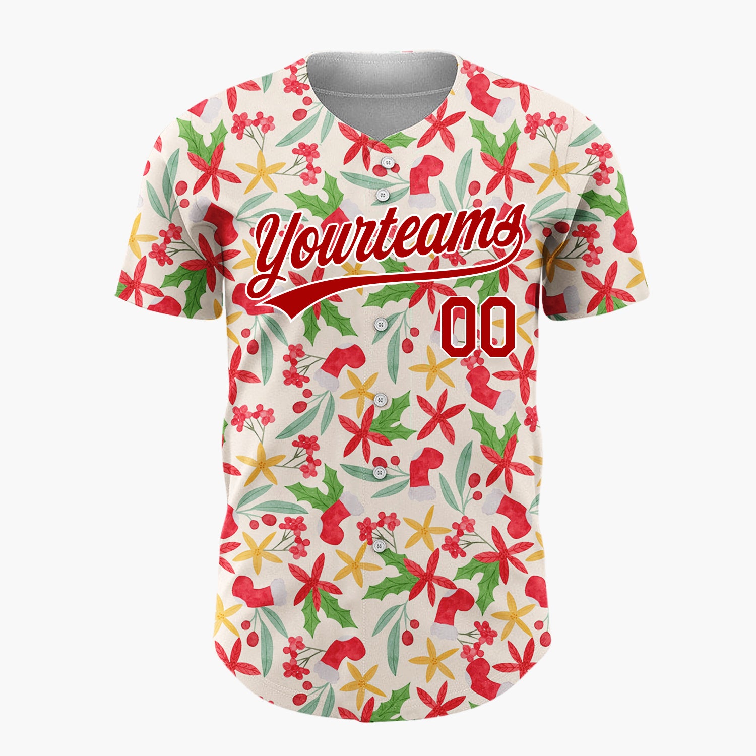 Custom Cream Red Green Poinsettias And Stockings Elegant Floral Pattern Christmas Baseball Jersey