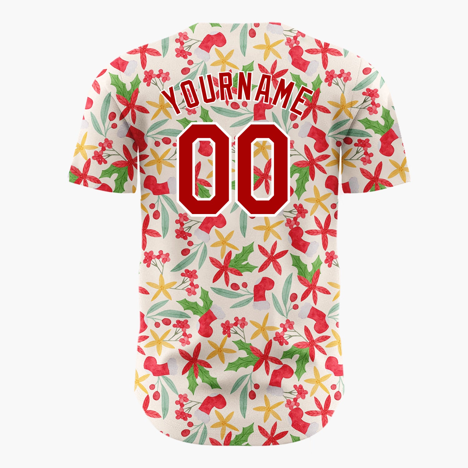 Custom Cream Red Green Poinsettias And Stockings Elegant Floral Pattern Christmas Baseball Jersey