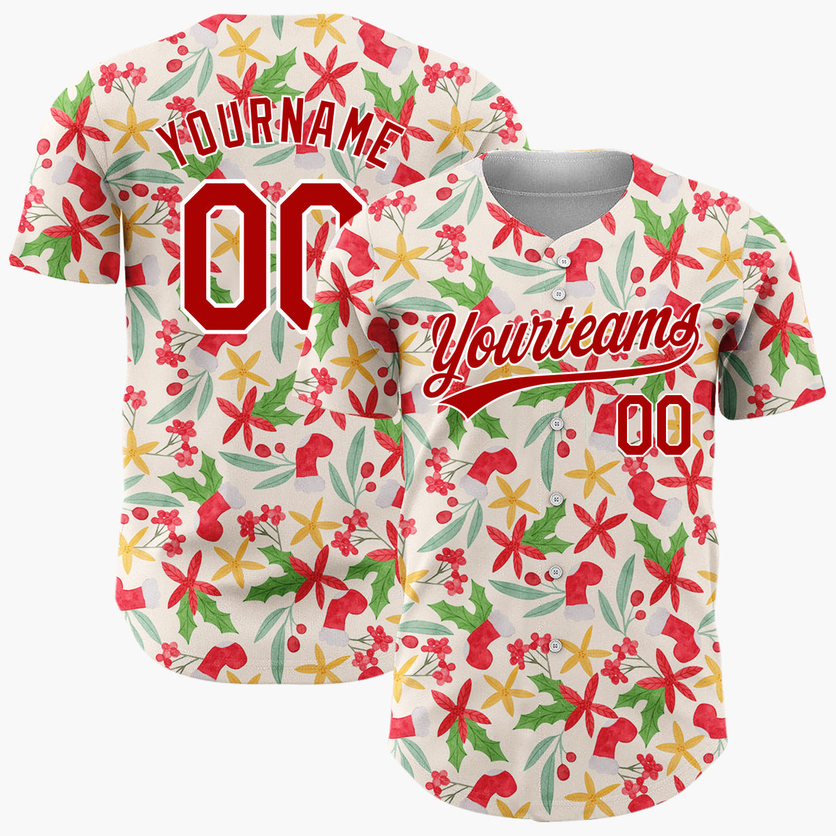 Custom Cream Red Green Poinsettias And Stockings Elegant Floral Pattern Christmas Baseball Jersey